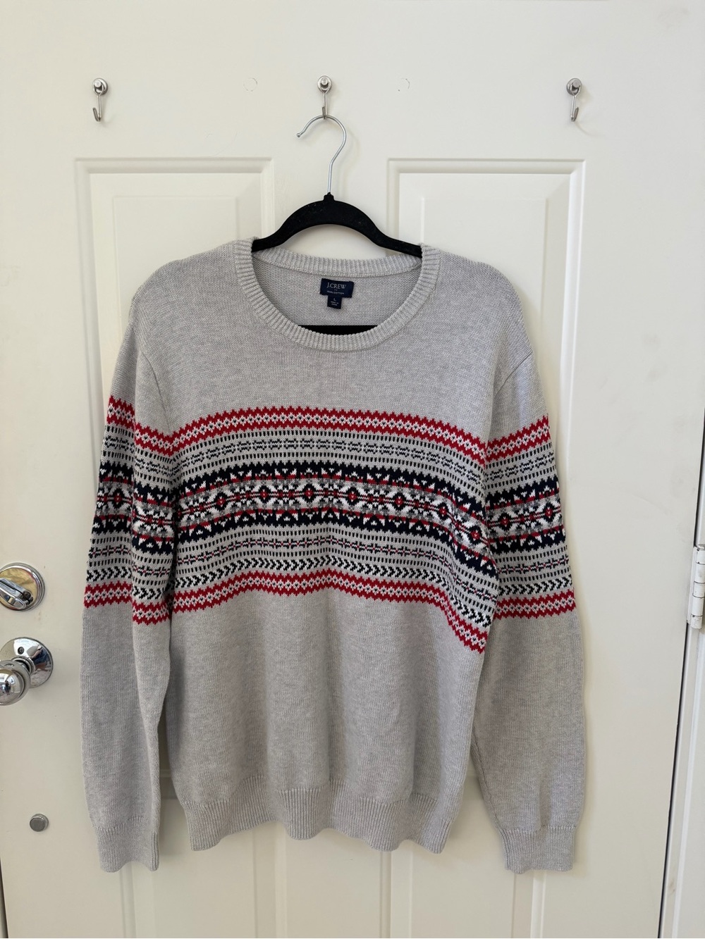 J. Crew Men’s Light Gray Fair Isle Crewneck Sweater Red/Black Pattern Siz Large